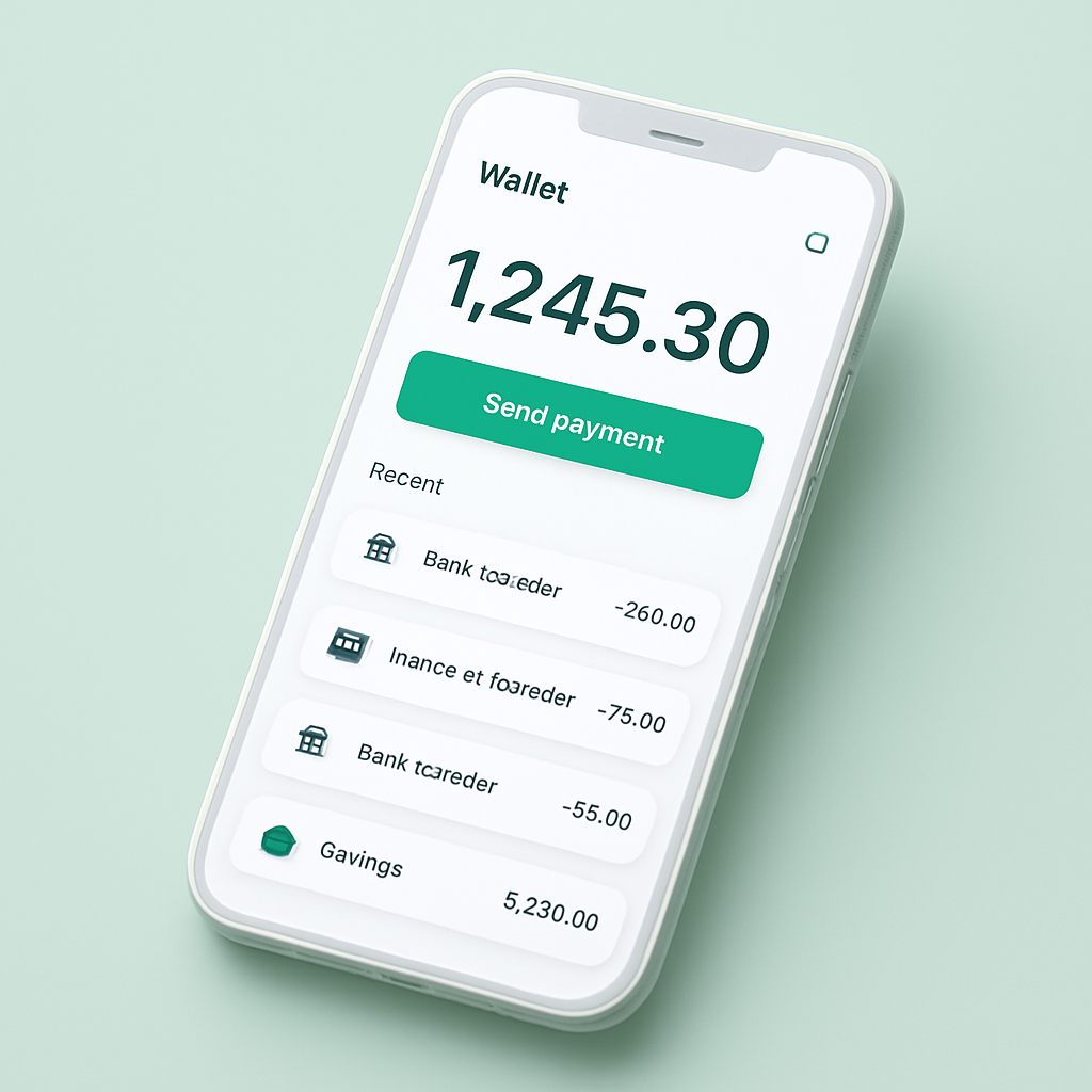 The FeeFighter digital wallet app showing a balance, send payment button, and recent bank transfers